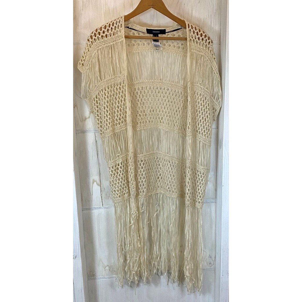 Forever 21 Knit Crochet Vest Retro Fringed Sz Small Creamy Beige Boho Festival